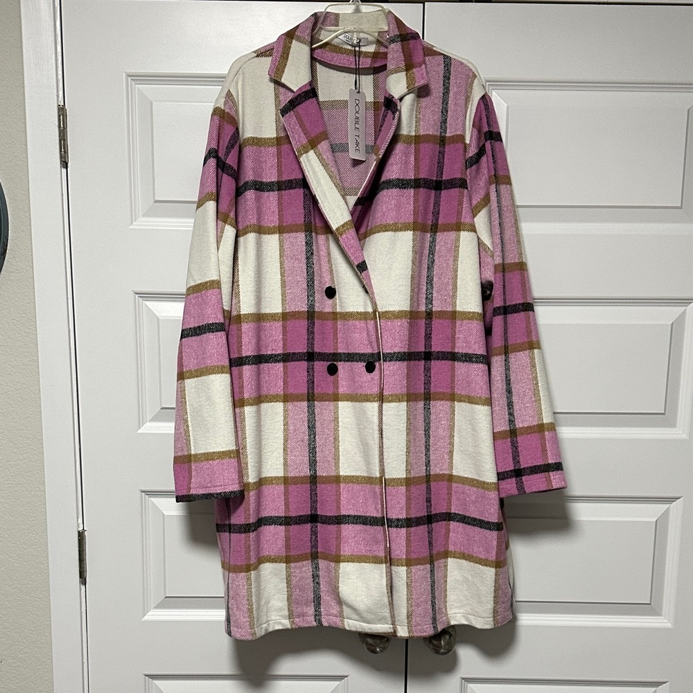 Plus Size Pink and Cream Plaid Trench Coat